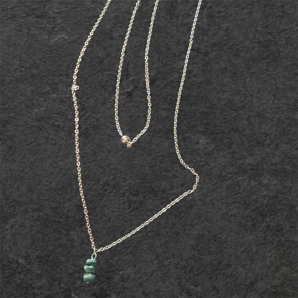 Layered Silver Tone Necklace‎ with Turquoise Stone and Bead Accents